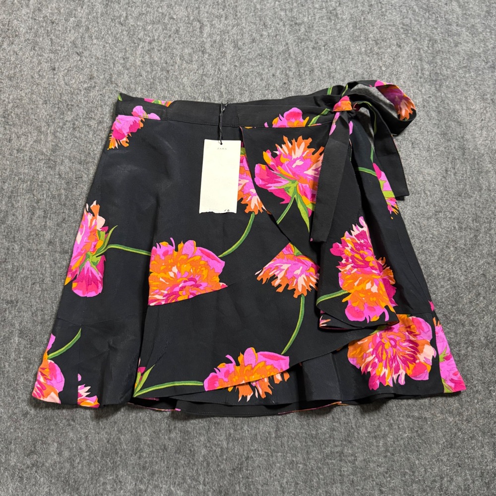 Zara TRF Black Floral Wrap Mini Skirt Pink Orange Ruffle Hem Size Small NEW